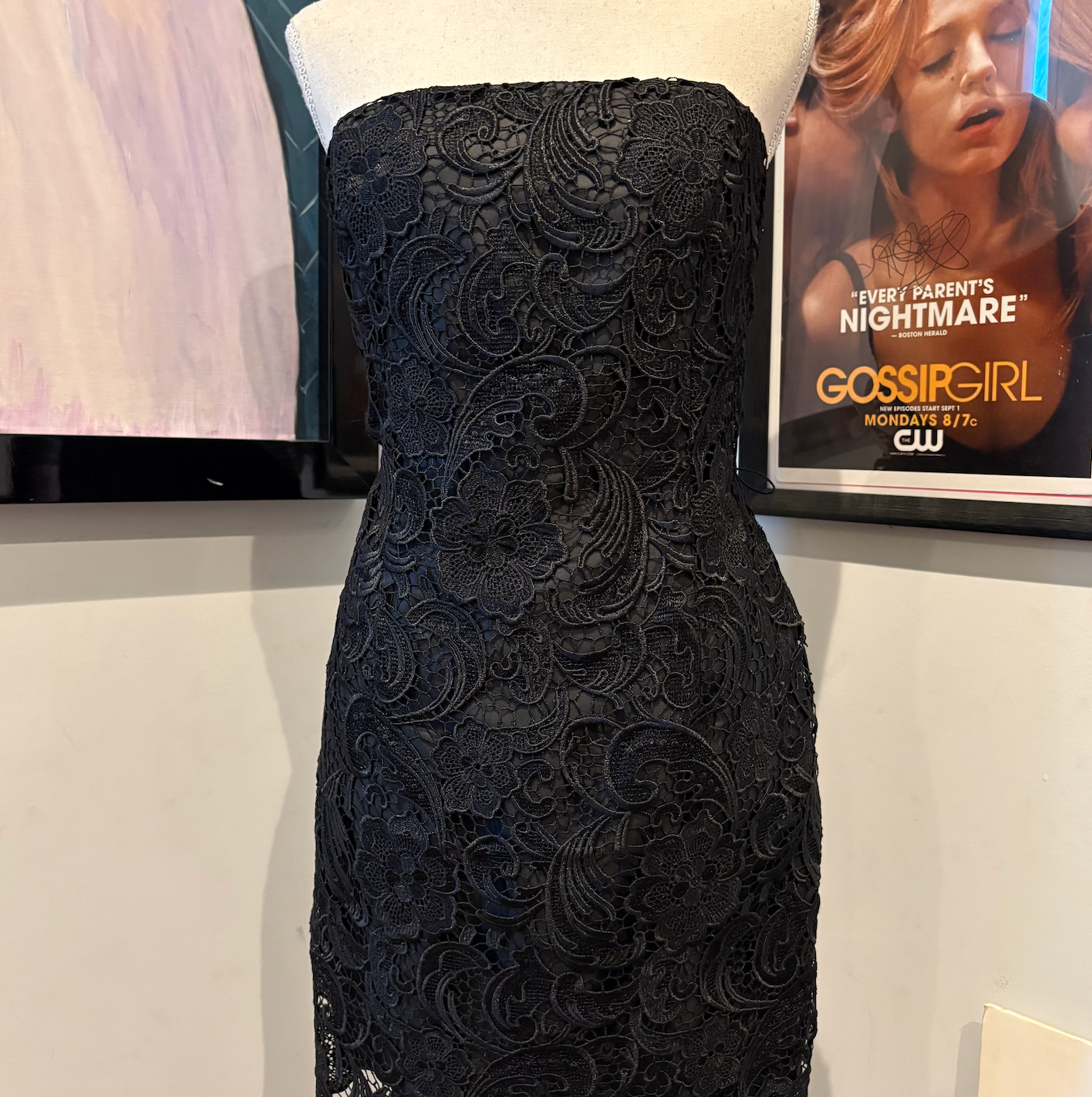 Katherine Pierce's Adrianna Papell Black Lace Strapless Mini Dress, Th – xoxoposhipgirl