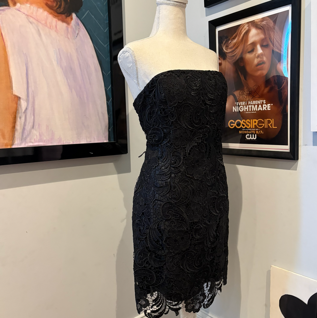 Katherine Pierce's Adrianna Papell Black Lace Strapless Mini Dress, Th – xoxoposhipgirl